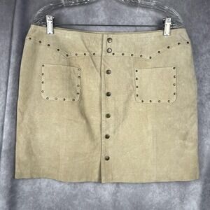 Vtg Y2K Leather Studded Mini Skirt Wms 14 Tan Button Front Western Boho Festival